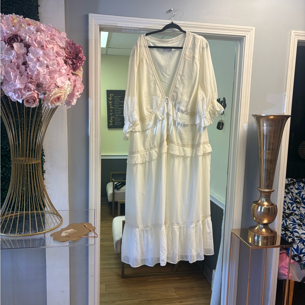 ASOS Design Curve Off White Lace Trim Dress with covered buttons and slip